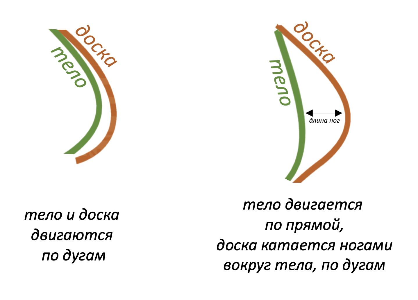 Figure 2. How the body can move relative to the board. In both cases the body moves ahead, because it moves along the inner radius of the turn = the board covers more distance. But in the left variant the body moves in arcs, and in the right variant — in a straight line.