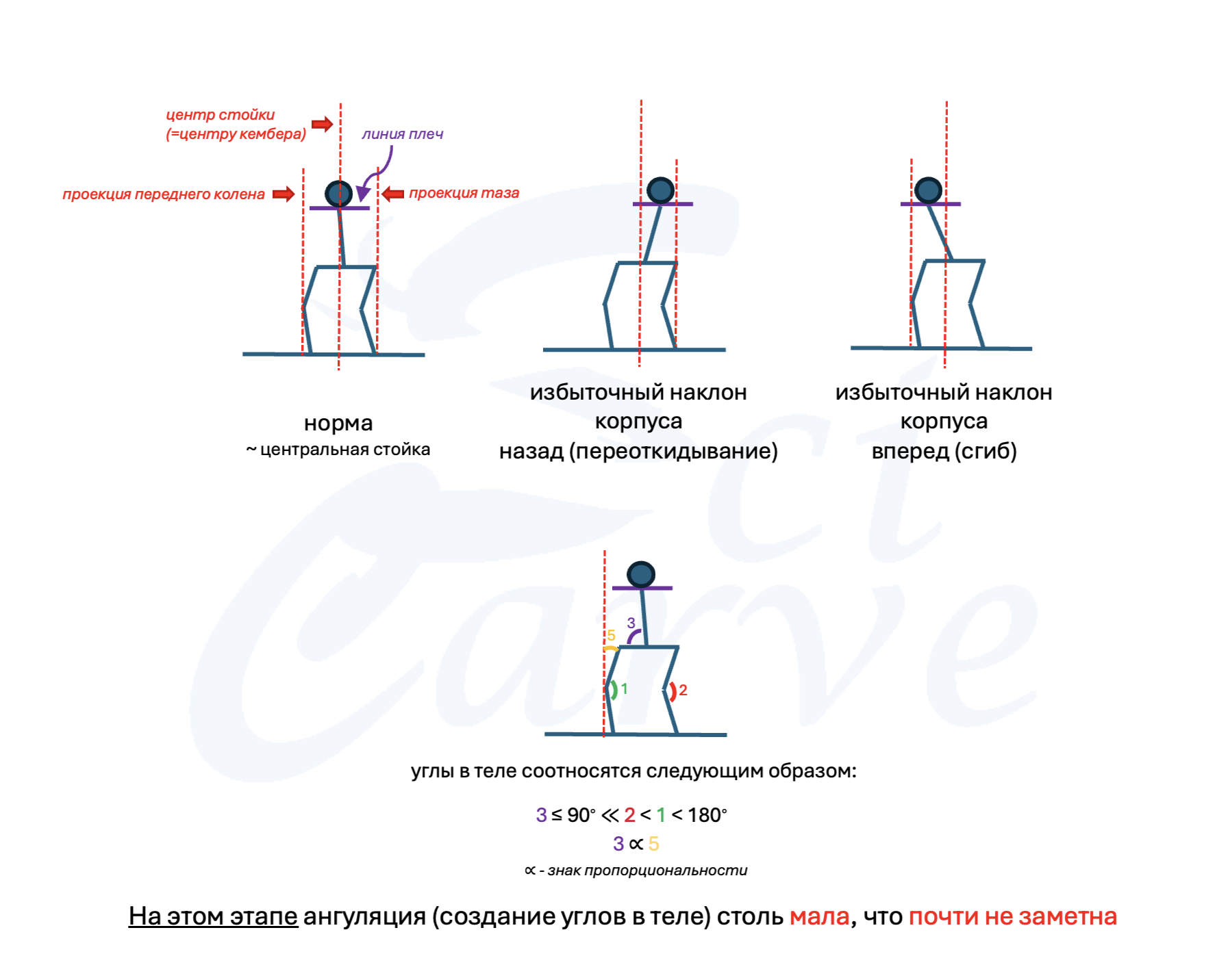 Figure 3. Variants of the stance, “straight” and not so much. All the angles in this basic variant of the stance can and should be so small that they are barely visible under clothing, especially if it is baggy. However, these angles should be felt as a light but present muscle tension. Muscle tone. The stance is an active object, not passive standing on bones and ligaments. The stance is a dynamically changing object, not a statue cast in plaster. It must allow movement and expresses readiness for movement that begins at the start and continues to the finish. It is not a frozen pose held for the whole descent. See section 8.6.1 of Chapter 8 for more.